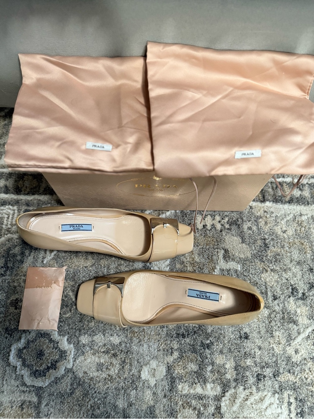 Prada Nude Patent Leather Square-Toe Ballet Heels with Silver Accent